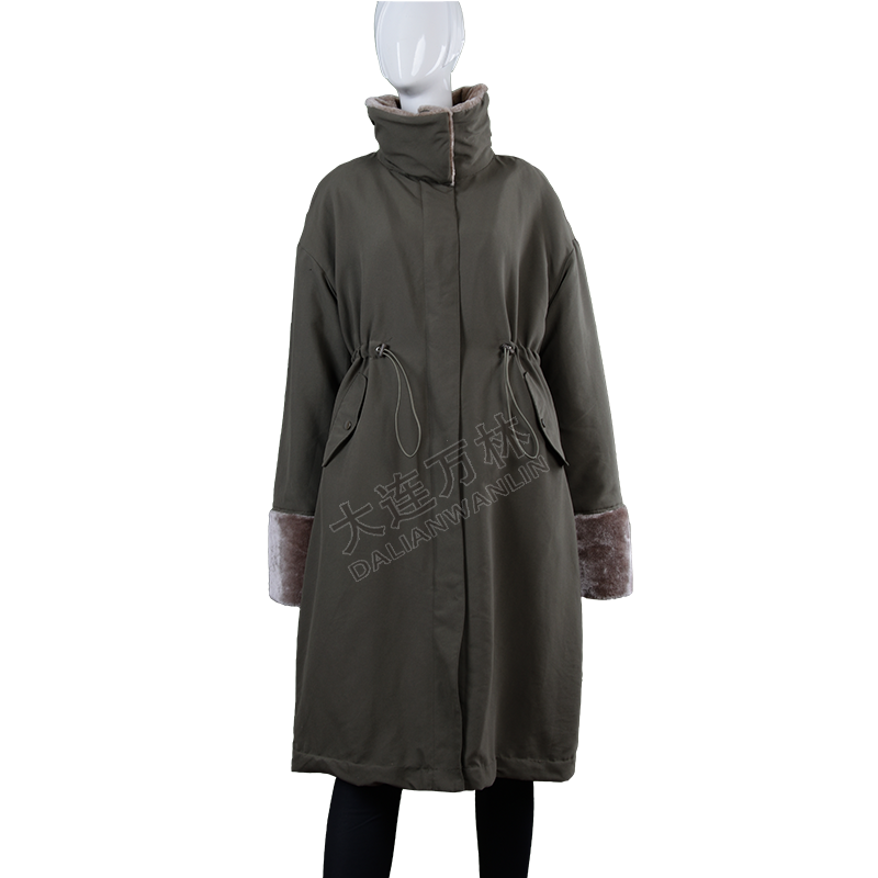 女士立領毛毛袖口長款羽絨服