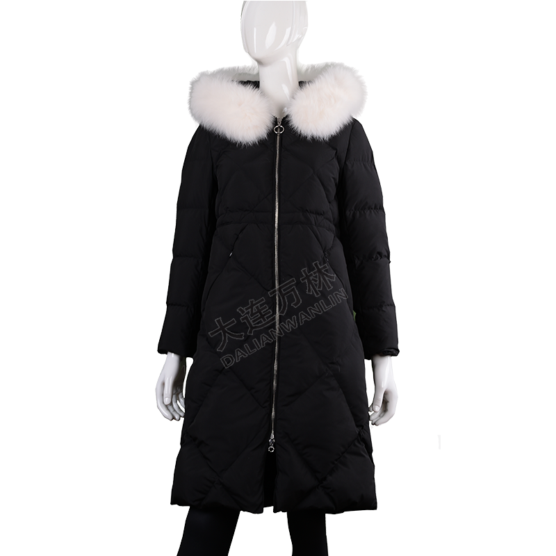 黑色長款毛領(lǐng)連帽羽絨服