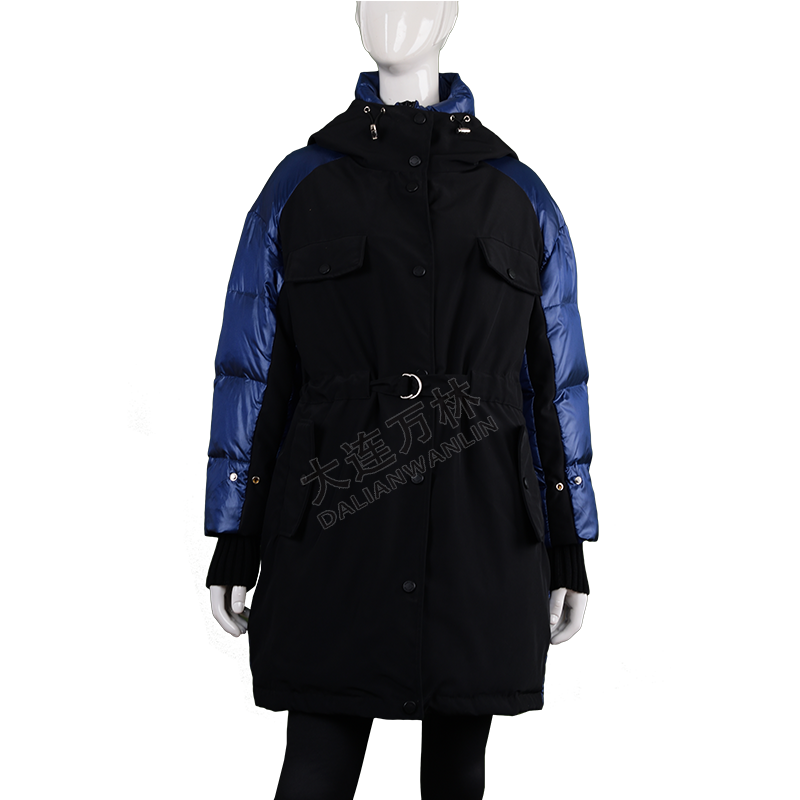 女士拼接收腰中長款羽絨服