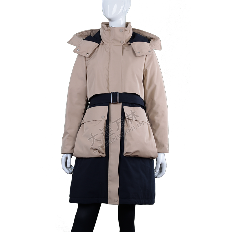女士拼色腰帶長款羽絨服