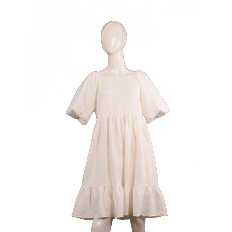 女士白色褶皺泡泡袖連衣裙