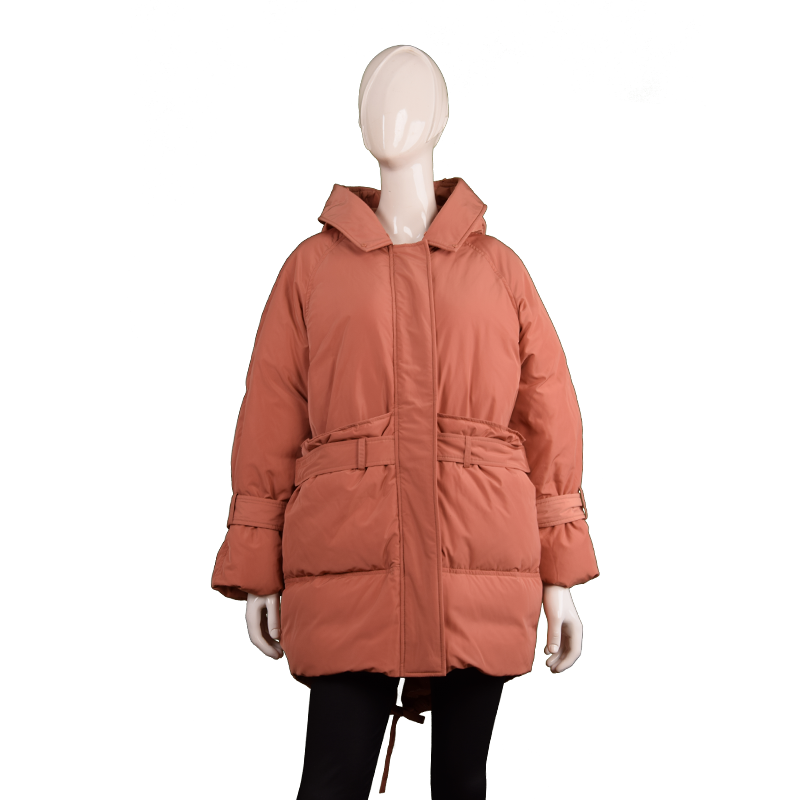 女士翻領(lǐng)中長腰帶款羽絨服