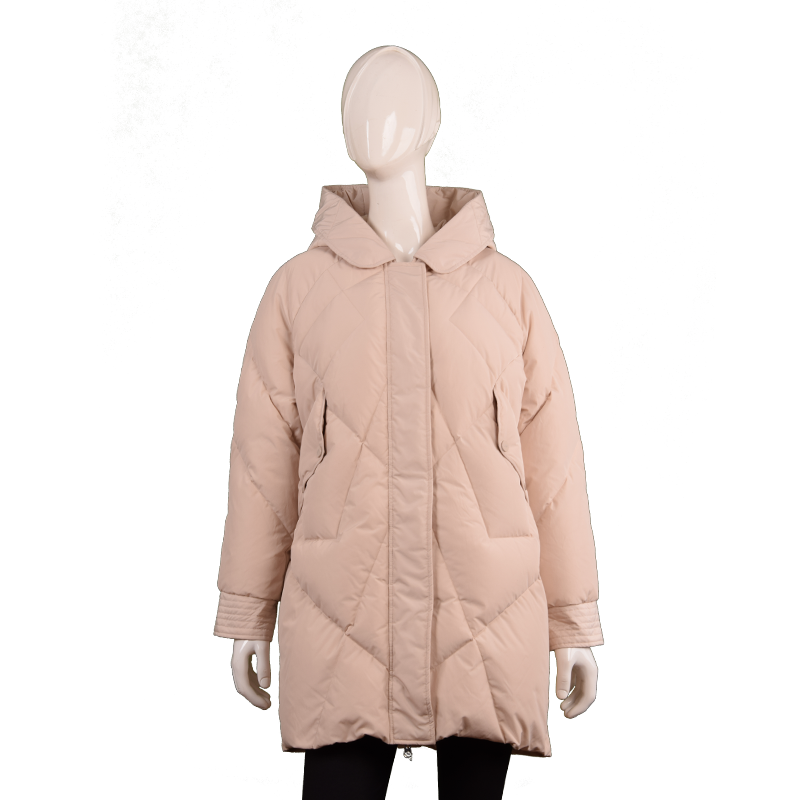 女士翻領(lǐng)中長款抽繩連帽羽絨服