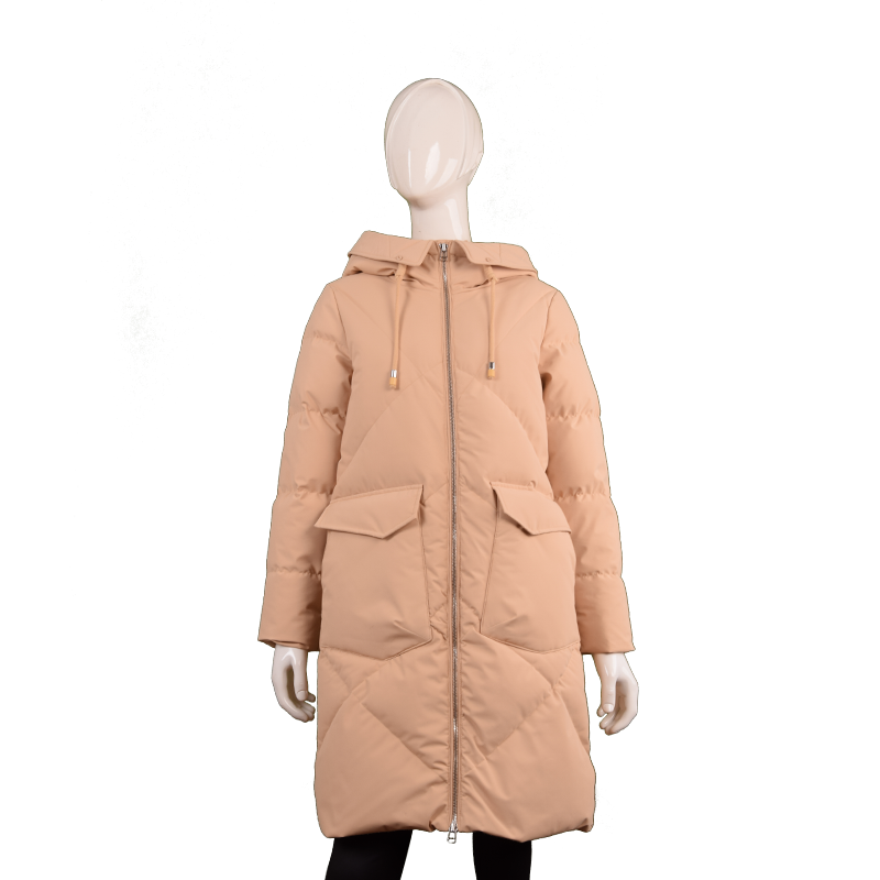 女士翻領(lǐng)連帽純色長款羽絨服